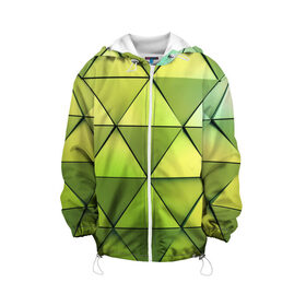 Детская куртка 3D с принтом Зелёные треугольники , 100% полиэстер | застежка — молния, подол и капюшон оформлены резинкой с фиксаторами, по бокам — два кармана без застежек, один потайной карман на груди, плотность верхнего слоя — 90 г/м2; плотность флисового подклада — 260 г/м2 | геометрия | зелёный | текстура | треугольники | фигуры