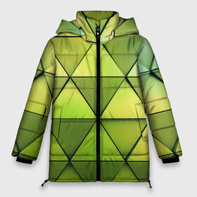 Женская зимняя куртка 3D с принтом Зелёные треугольники , верх — 100% полиэстер; подкладка — 100% полиэстер; утеплитель — 100% полиэстер | длина ниже бедра, силуэт Оверсайз. Есть воротник-стойка, отстегивающийся капюшон и ветрозащитная планка. 

Боковые карманы с листочкой на кнопках и внутренний карман на молнии | геометрия | зелёный | текстура | треугольники | фигуры