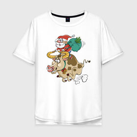 Мужская футболка хлопок Oversize с принтом Санта на олене , 100% хлопок | свободный крой, круглый ворот, “спинка” длиннее передней части | 