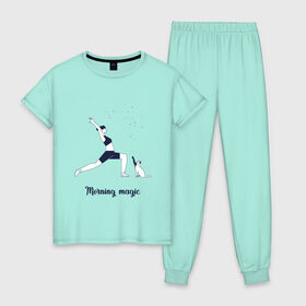 Женская пижама хлопок с принтом Morning yoga , 100% хлопок | брюки и футболка прямого кроя, без карманов, на брюках мягкая резинка на поясе и по низу штанин | 