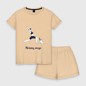 Женская пижама с шортиками хлопок с принтом Morning yoga , 100% хлопок | футболка прямого кроя, шорты свободные с широкой мягкой резинкой | 