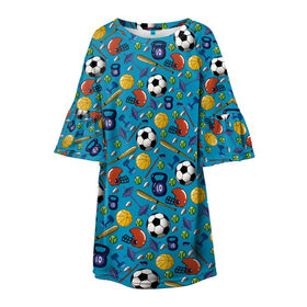 Детское платье 3D с принтом СПОРТ , 100% полиэстер | прямой силуэт, чуть расширенный к низу. Круглая горловина, на рукавах — воланы | бейсбол | гиря | спорт | футбол | футбольный мяч | штанга