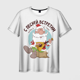 Мужская футболка 3D с принтом Дед Мороз с балалайкой. , 100% полиэфир | прямой крой, круглый вырез горловины, длина до линии бедер | 