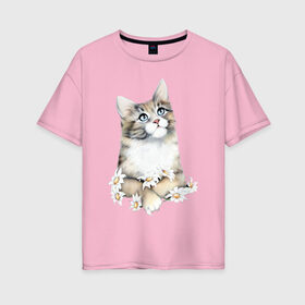 Женская футболка хлопок Oversize с принтом Кошечка , 100% хлопок | свободный крой, круглый ворот, спущенный рукав, длина до линии бедер
 | 