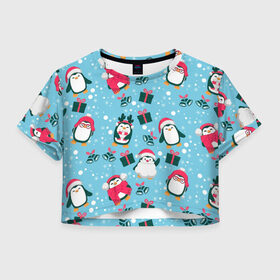 Женская футболка Crop-top 3D с принтом Новогодние Пингвины , 100% полиэстер | круглая горловина, длина футболки до линии талии, рукава с отворотами | 2021 | белка | гирлянда | год быка | дед мороз | детская | дочка | елка | енот | кот | котик | лиса | маска | милая | неон | новогодняя | новый год | олень | паттерн | пингвин | подарок | праздник | радуга