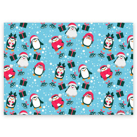 Поздравительная открытка с принтом Новогодние Пингвины , 100% бумага | плотность бумаги 280 г/м2, матовая, на обратной стороне линовка и место для марки
 | 2021 | белка | гирлянда | год быка | дед мороз | детская | дочка | елка | енот | кот | котик | лиса | маска | милая | неон | новогодняя | новый год | олень | паттерн | пингвин | подарок | праздник | радуга