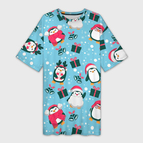 Платье-футболка 3D с принтом Новогодние Пингвины ,  |  | 2021 | белка | гирлянда | год быка | дед мороз | детская | дочка | елка | енот | кот | котик | лиса | маска | милая | неон | новогодняя | новый год | олень | паттерн | пингвин | подарок | праздник | радуга
