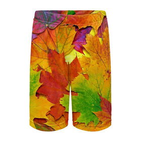 Детские спортивные шорты 3D с принтом Осенние листья ,  100% полиэстер
 | пояс оформлен широкой мягкой резинкой, ткань тянется
 | клён | краски | листья | осень | радуга | разноцветный | яркая