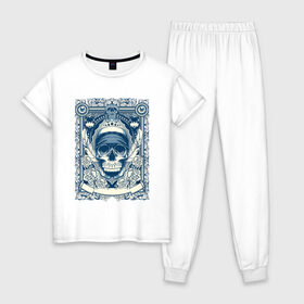 Женская пижама хлопок с принтом Пиратская картина , 100% хлопок | брюки и футболка прямого кроя, без карманов, на брюках мягкая резинка на поясе и по низу штанин | арт | вектор | гот | готический рисунок | готическое | перо | перья | пират | пиратская картина | повязка | рисунок | синий | череп