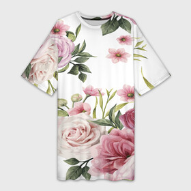 Платье-футболка 3D с принтом Розовые розы ,  |  | pink | rose | букет | розовое настроение | цветы
