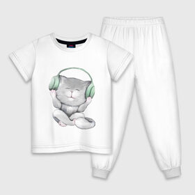 Детская пижама хлопок с принтом Котенок меломан , 100% хлопок |  брюки и футболка прямого кроя, без карманов, на брюках мягкая резинка на поясе и по низу штанин
 | зеленый | котенок | малыш | музыка | наушники | пушистый | ребенок | серый