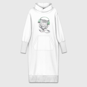 Платье удлиненное хлопок с принтом Котенок меломан ,  |  | зеленый | котенок | малыш | музыка | наушники | пушистый | ребенок | серый