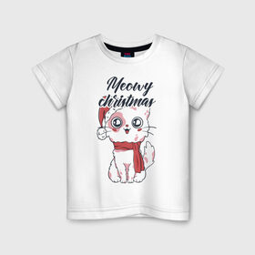 Детская футболка хлопок с принтом Рождественский котик , 100% хлопок | круглый вырез горловины, полуприлегающий силуэт, длина до линии бедер | 