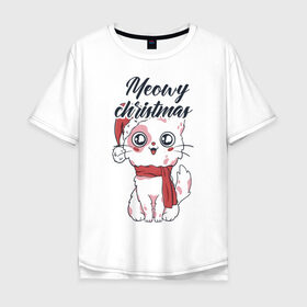 Мужская футболка хлопок Oversize с принтом Рождественский котик , 100% хлопок | свободный крой, круглый ворот, “спинка” длиннее передней части | Тематика изображения на принте: 