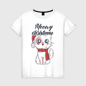 Женская футболка хлопок с принтом Рождественский котик , 100% хлопок | прямой крой, круглый вырез горловины, длина до линии бедер, слегка спущенное плечо | 