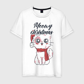 Мужская футболка хлопок с принтом Рождественский котик , 100% хлопок | прямой крой, круглый вырез горловины, длина до линии бедер, слегка спущенное плечо. | 