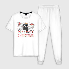 Мужская пижама хлопок с принтом Новогодние котики , 100% хлопок | брюки и футболка прямого кроя, без карманов, на брюках мягкая резинка на поясе и по низу штанин
 | 