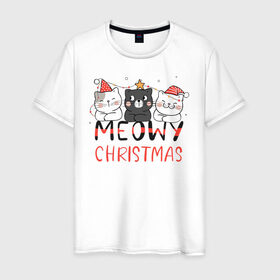 Мужская футболка хлопок с принтом Новогодние котики , 100% хлопок | прямой крой, круглый вырез горловины, длина до линии бедер, слегка спущенное плечо. | 
