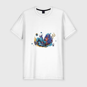 Мужская футболка хлопок Slim с принтом Мечтательная рыба , 92% хлопок, 8% лайкра | приталенный силуэт, круглый вырез ворота, длина до линии бедра, короткий рукав | аквариум | арт | космос | мечта | мечтатель | невесомость | парение | рисунок | рыба | художник