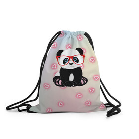 Рюкзак-мешок 3D с принтом Милая пандочка  , 100% полиэстер | плотность ткани — 200 г/м2, размер — 35 х 45 см; лямки — толстые шнурки, застежка на шнуровке, без карманов и подкладки | маленькая панда | маленькая пандочк | милая панда | милая пандочка | панда | панда в красных очках | панда в очках | панда очки | панда сердечки | панда сердце | пандочка | пандочка в красных очках
