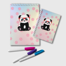 Блокнот с принтом Милая пандочка , 100% бумага | 48 листов, плотность листов — 60 г/м2, плотность картонной обложки — 250 г/м2. Листы скреплены удобной пружинной спиралью. Цвет линий — светло-серый
 | Тематика изображения на принте: маленькая панда | маленькая пандочк | милая панда | милая пандочка | панда | панда в красных очках | панда в очках | панда очки | панда сердечки | панда сердце | пандочка | пандочка в красных очках