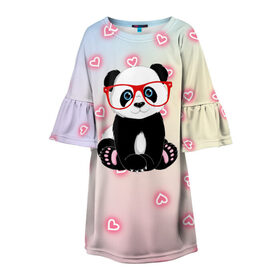 Детское платье 3D с принтом Милая пандочка , 100% полиэстер | прямой силуэт, чуть расширенный к низу. Круглая горловина, на рукавах — воланы | Тематика изображения на принте: маленькая панда | маленькая пандочк | милая панда | милая пандочка | панда | панда в красных очках | панда в очках | панда очки | панда сердечки | панда сердце | пандочка | пандочка в красных очках