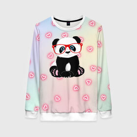 Женский свитшот 3D с принтом Милая пандочка , 100% полиэстер с мягким внутренним слоем | круглый вырез горловины, мягкая резинка на манжетах и поясе, свободная посадка по фигуре | маленькая панда | маленькая пандочк | милая панда | милая пандочка | панда | панда в красных очках | панда в очках | панда очки | панда сердечки | панда сердце | пандочка | пандочка в красных очках