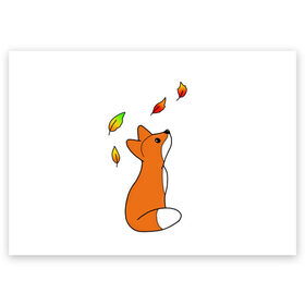 Поздравительная открытка с принтом Лиса С Листиками , 100% бумага | плотность бумаги 280 г/м2, матовая, на обратной стороне линовка и место для марки
 | лиса | листики | листья | лисы | оранжевая лиса | осенняя лиса | осень