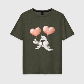 Женская футболка хлопок Oversize с принтом Пара влюбленных зайчиков , 100% хлопок | свободный крой, круглый ворот, спущенный рукав, длина до линии бедер
 | зайчики | любовь | пара | розовый | сердце | серый | шарики