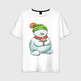 Женская футболка хлопок Oversize с принтом Снеговик с мороженным , 100% хлопок | свободный крой, круглый ворот, спущенный рукав, длина до линии бедер
 | 