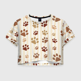 Женская футболка Crop-top 3D с принтом Лапки , 100% полиэстер | круглая горловина, длина футболки до линии талии, рукава с отворотами | кот | кошка | кошки | лапки | следы | собака | собаки