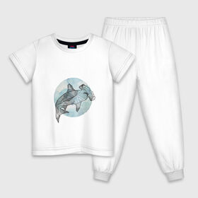 Детская пижама хлопок с принтом Акула-молот , 100% хлопок |  брюки и футболка прямого кроя, без карманов, на брюках мягкая резинка на поясе и по низу штанин
 | Тематика изображения на принте: circle | graphics | moon | shark | watercolor | акварель | акула | графика | круг | луна