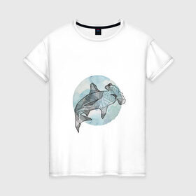 Женская футболка хлопок с принтом Акула-молот , 100% хлопок | прямой крой, круглый вырез горловины, длина до линии бедер, слегка спущенное плечо | circle | graphics | moon | shark | watercolor | акварель | акула | графика | круг | луна