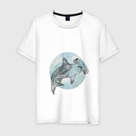 Мужская футболка хлопок с принтом Акула-молот , 100% хлопок | прямой крой, круглый вырез горловины, длина до линии бедер, слегка спущенное плечо. | circle | graphics | moon | shark | watercolor | акварель | акула | графика | круг | луна
