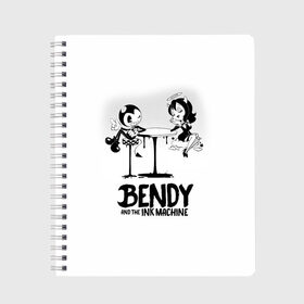 Тетрадь с принтом Bendy And The Ink Machine , 100% бумага | 48 листов, плотность листов — 60 г/м2, плотность картонной обложки — 250 г/м2. Листы скреплены сбоку удобной пружинной спиралью. Уголки страниц и обложки скругленные. Цвет линий — светло-серый
 | bendy | bendy and the ink machine | бенди | бени | бенни | бэнди | детская | детям | игра | капли | компьютерная игра | краска | машина | подтеки | ужастик | чернила | чернильная