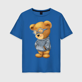 Женская футболка хлопок Oversize с принтом Стеснительный мишка , 100% хлопок | свободный крой, круглый ворот, спущенный рукав, длина до линии бедер
 | игрушка | коричневый | мальчик | медвежонок | очки | свитер | серый | синий