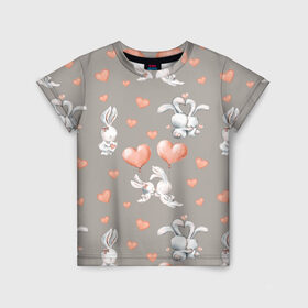 Детская футболка 3D с принтом Влюбленные , 100% гипоаллергенный полиэфир | прямой крой, круглый вырез горловины, длина до линии бедер, чуть спущенное плечо, ткань немного тянется | влюбленные | зайчики | пара | розовый | сердце | серый | шарики