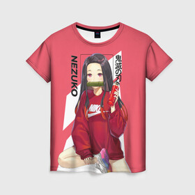 Женская футболка 3D с принтом Nezuko , 100% полиэфир ( синтетическое хлопкоподобное полотно) | прямой крой, круглый вырез горловины, длина до линии бедер | kimetsu no yaiba | nezuko | tanjiro kamado | zenitsu agatsuma | камадо | клинок рассекающий демонов | незуко | танджиро камадо