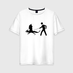 Женская футболка хлопок Oversize с принтом Выгул домашних драконов , 100% хлопок | свободный крой, круглый ворот, спущенный рукав, длина до линии бедер
 | выгул | дракон | знак | минимализм | поводок