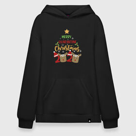 Худи SuperOversize хлопок с принтом Merry Quarantine Christmas. , 70% хлопок, 30% полиэстер, мягкий начес внутри | карман-кенгуру, эластичная резинка на манжетах и по нижней кромке, двухслойный капюшон
 | 