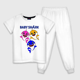 Детская пижама хлопок с принтом Baby Shark , 100% хлопок |  брюки и футболка прямого кроя, без карманов, на брюках мягкая резинка на поясе и по низу штанин
 | Тематика изображения на принте: baby | baby shark | shark | акула | анимация | бэби | бэби шарк | дети | мультфильм | песня | ребенок | шарк