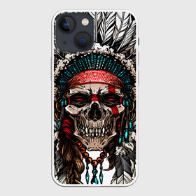 Чехол для iPhone 13 mini с принтом Череп индейца ,  |  | зубы | индеец | маска | перья | рисунок | ритуал | скелет | страшный | череп