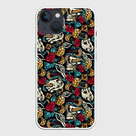 Чехол для iPhone 13 с принтом Hardcore tattoo ,  |  | colorful | skull | snake | tattoo | vintage | винтаж | змеи | игральные | кости | скелет | тату | цветной | цветы | черепа