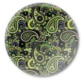 Значок с принтом Молекулярный рисунок ,  металл | круглая форма, металлическая застежка в виде булавки | Тематика изображения на принте: арт | биология | жёлтый | зелёный | молекула | рисунок | синий | чёрный