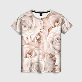 Женская футболка 3D с принтом Элегантность , 100% полиэфир ( синтетическое хлопкоподобное полотно) | прямой крой, круглый вырез горловины, длина до линии бедер | беж | нежно | пастельный | роза | цветок | элегантно