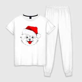 Женская пижама хлопок с принтом Веселый Щенок Санта , 100% хлопок | брюки и футболка прямого кроя, без карманов, на брюках мягкая резинка на поясе и по низу штанин | 