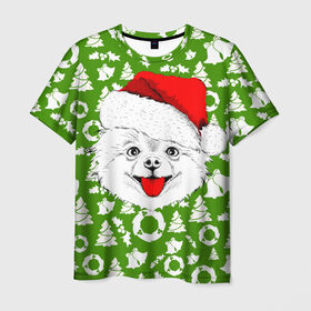 Мужская футболка 3D с принтом Веселый Щенок Санта , 100% полиэфир | прямой крой, круглый вырез горловины, длина до линии бедер | Тематика изображения на принте: 