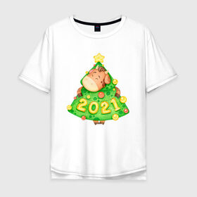 Мужская футболка хлопок Oversize с принтом Год быка 2021 Елочка-бычок , 100% хлопок | свободный крой, круглый ворот, “спинка” длиннее передней части | 
