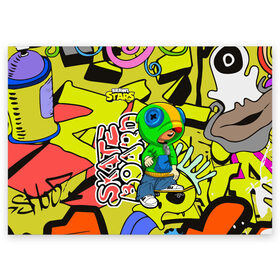 Поздравительная открытка с принтом Brawl Stars (skateboard) , 100% бумага | плотность бумаги 280 г/м2, матовая, на обратной стороне линовка и место для марки
 | brawl | break dance | leon | moba | skateboard | stars | supercell | surfing | игра | коллаборация | коллаж | паттерн