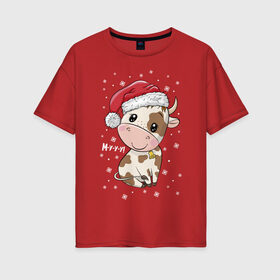 Женская футболка хлопок Oversize с принтом Бычок , 100% хлопок | свободный крой, круглый ворот, спущенный рукав, длина до линии бедер
 | 2021 | bull | christmas | new year | snow | snowflakes | year of the bull | бык | бычок | год быка | новый год | рождество | снег | снежинки